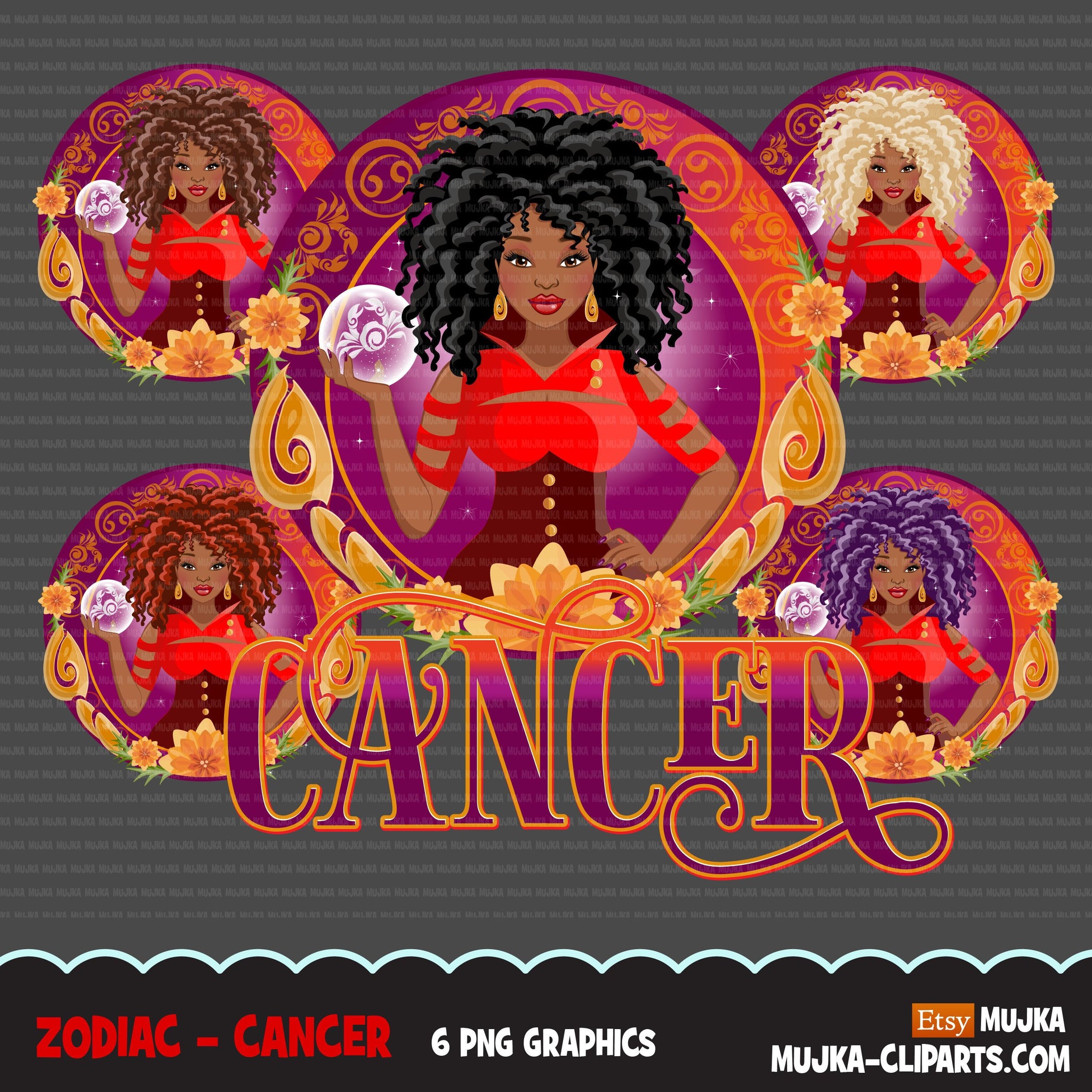 Zodiac Cancer Clipart, Png digital download, Sublimation Graphics for Cricut & Cameo, Black Curly Hair Woman Horoscope sign designs