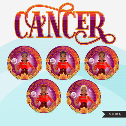 Zodiac Cancer Clipart, Png digital download, Sublimation Graphics for Cricut & Cameo, Black Woman Horoscope sign designs