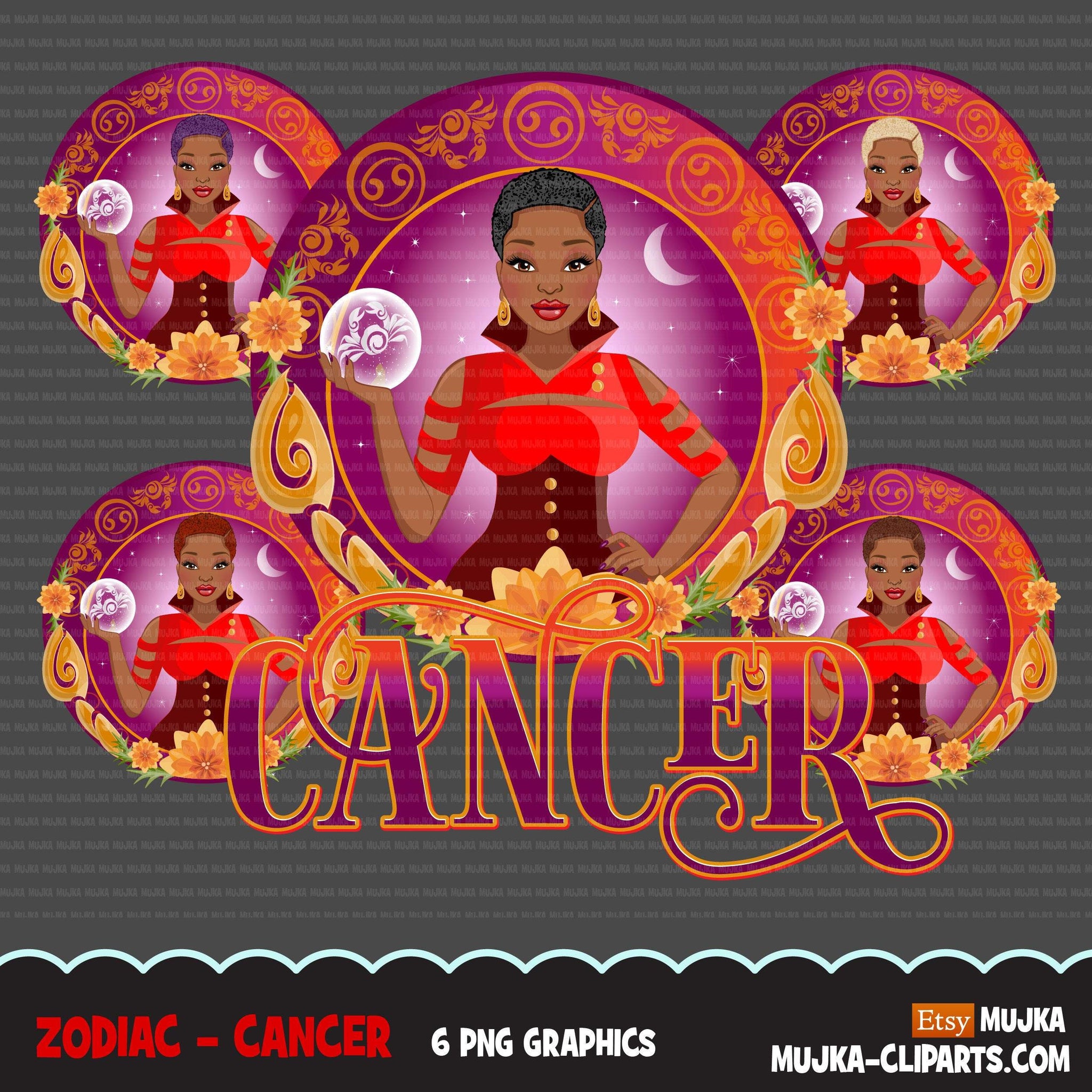 Zodiac Cancer Clipart, Png digital download, Sublimation Graphics for Cricut & Cameo, Black Woman Horoscope sign designs