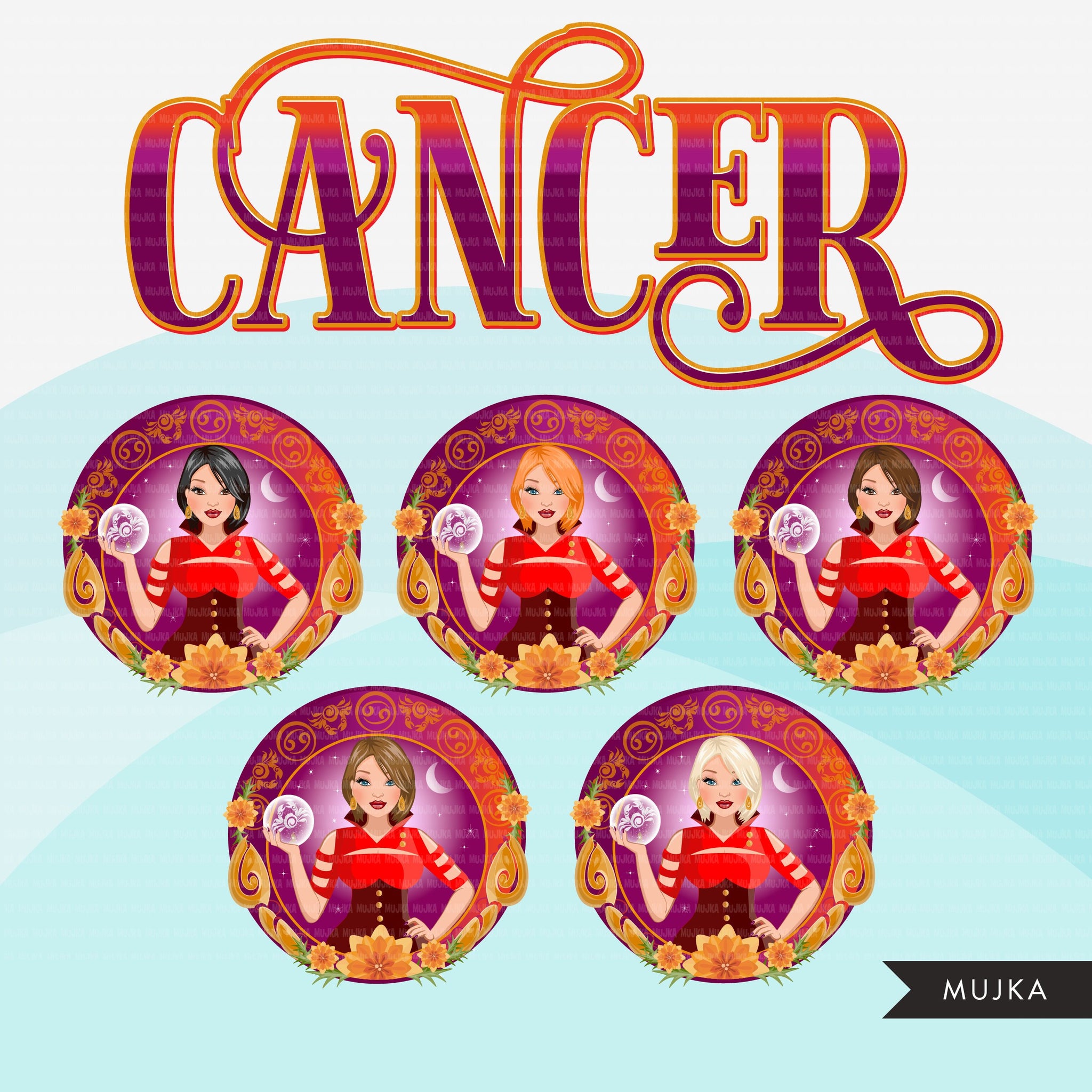 Zodiac Cancer Clipart, Png digital download, Sublimation Graphics for Cricut & Cameo, Caucasian Sort Hair Woman Horoscope sign designs