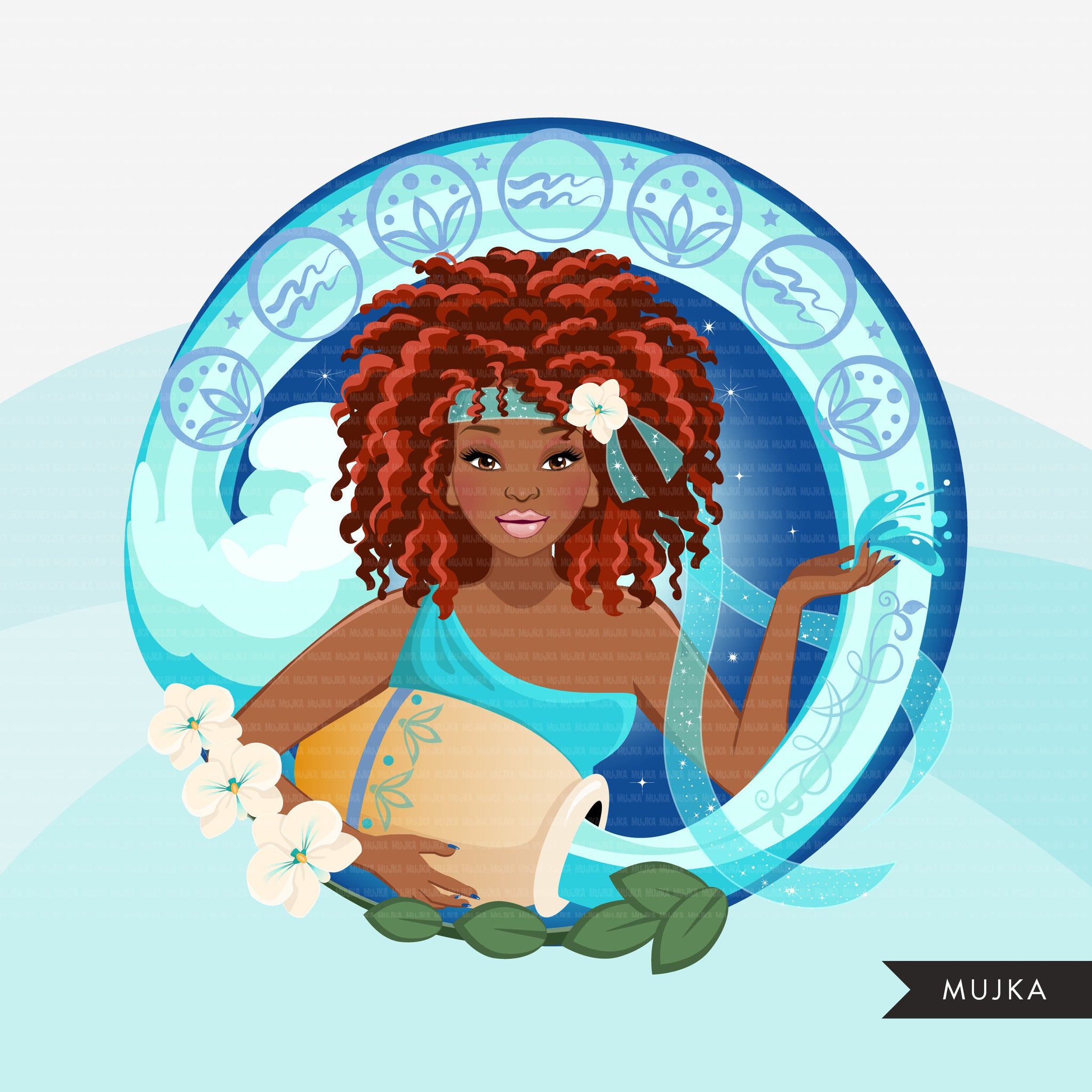 Zodiac Aquarius Clipart, download digital Png, gráficos de sublimação para Cricut e Cameo, designs de signos de horóscopo de mulher com cabelo encaracolado preto