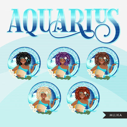 Zodiac Aquarius Clipart, Png digital download, Sublimation Graphics for Cricut & Cameo, Black Curly Hair Woman Horoscope sign designs