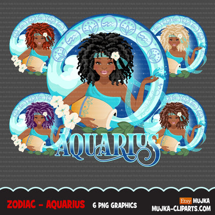 Zodiac Aquarius Clipart, Png digital download, Sublimation Graphics for Cricut & Cameo, Black Curly Hair Woman Horoscope sign designs