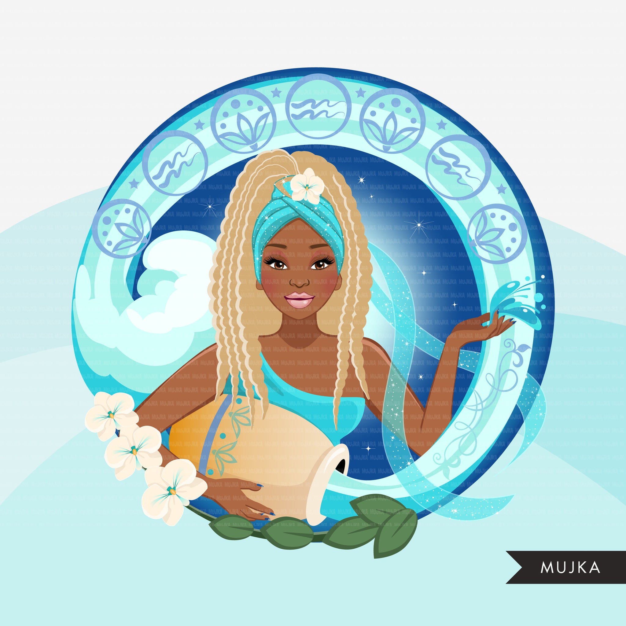 Zodiac Aquarius Clipart, Png digital download, Sublimation Graphics for Cricut & Cameo, Black Braid Hair Woman Horoscope sign designs