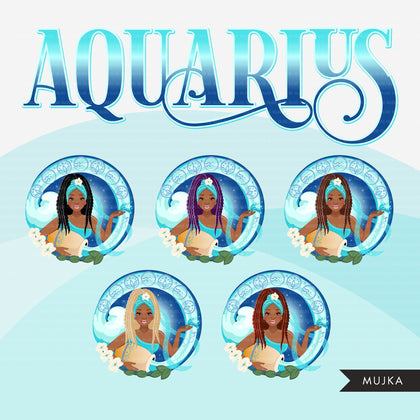 Zodiac Aquarius Clipart, download digital Png, gráficos de sublimação para Cricut e Cameo, designs de signos de horóscopo de mulher de cabelo com trança preta