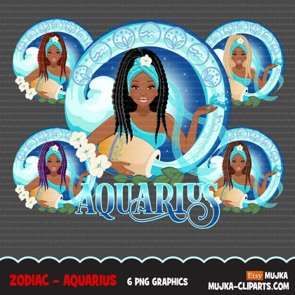 Zodiac Aquarius Clipart, download digital Png, gráficos de sublimação para Cricut e Cameo, designs de signos de horóscopo de mulher de cabelo com trança preta