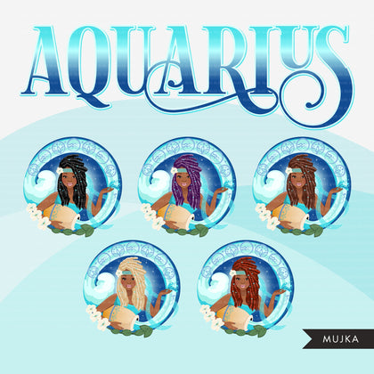 Zodiac Aquarius Clipart, Png digital download, Sublimation Graphics for Cricut & Cameo, Black Side Braids Hair Woman Horoscope sign designs
