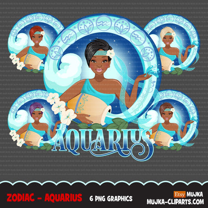 Zodiac Aquarius Clipart, Png digital download, Sublimation Graphics for Cricut & Cameo, Black Pixie Hair Woman Horoscope sign designs