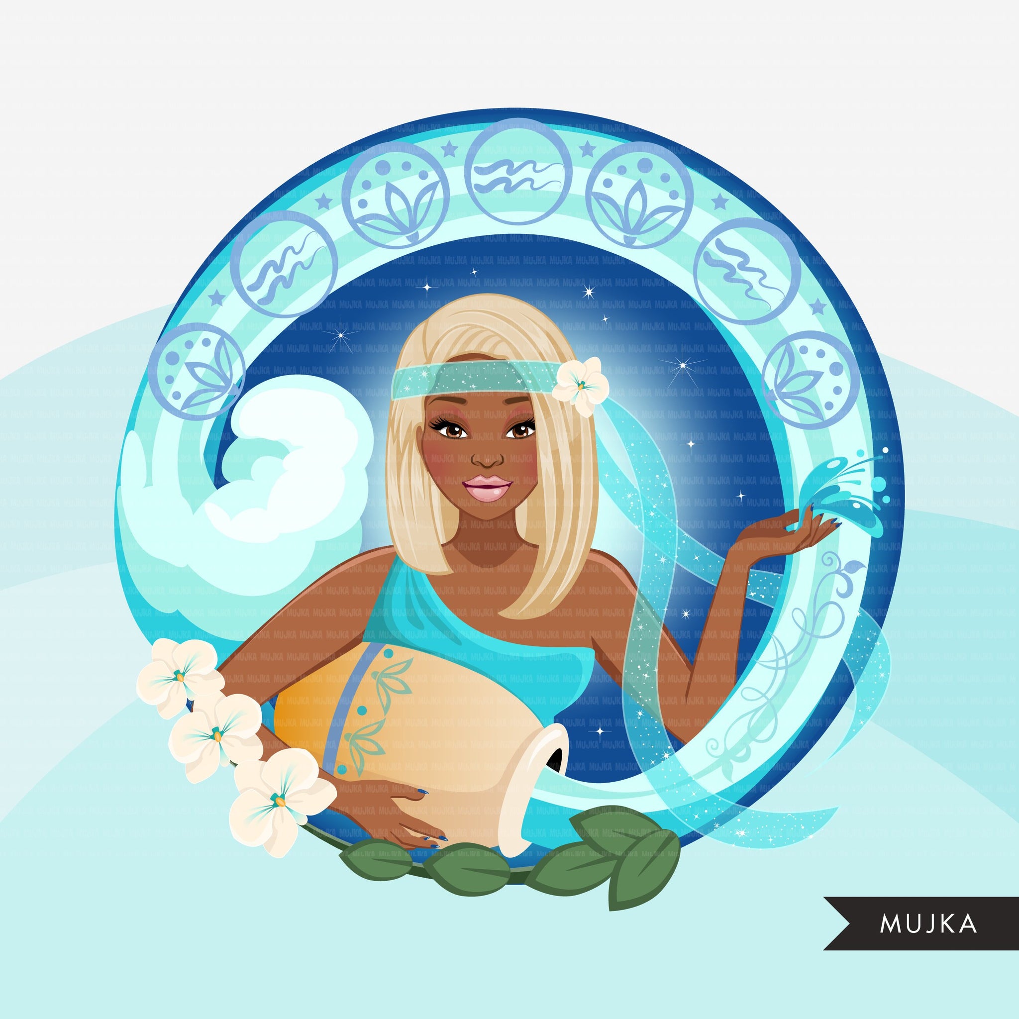 Zodiac Aquarius Clipart, Png digital download, Sublimation Graphics for Cricut & Cameo, Black Long Hair Woman Horoscope sign designs