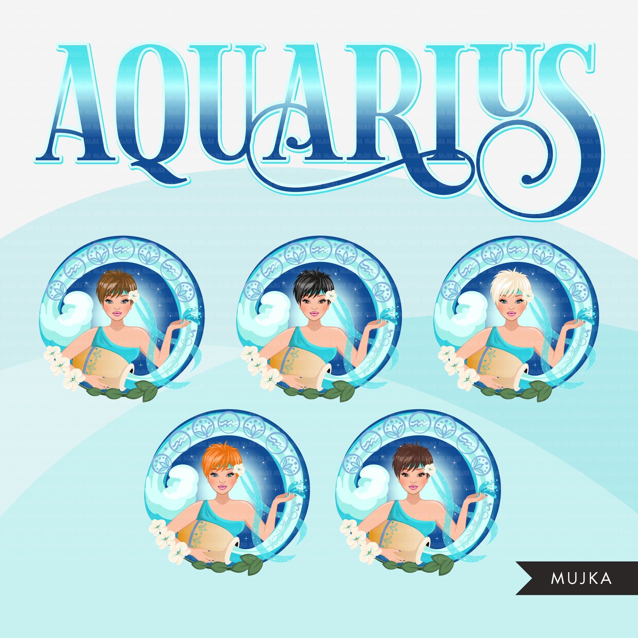 Zodiac Aquarius Clipart, Descarga digital Png, Gráficos de sublimación para Cricut &amp; Cameo, Diseños de signos del horóscopo de mujer de pelo Pixie caucásico