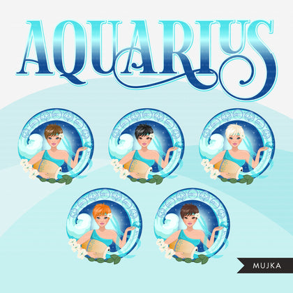 Zodiac Aquarius Clipart, Png digital download, Sublimation Graphics for Cricut & Cameo, Caucasian Pixie Hair Woman Horoscope sign designs