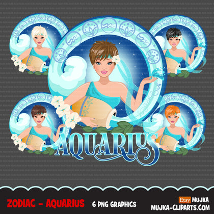 Zodiac Aquarius Clipart, Png digital download, Sublimation Graphics for Cricut & Cameo, Caucasian Pixie Hair Woman Horoscope sign designs