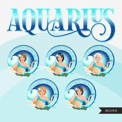 Zodiac Aquarius Clipart, Png digital download, Sublimation Graphics for Cricut & Cameo, Caucasian Short Hair Woman Horoscope sign designs