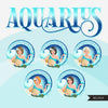 Zodiac Aquarius Clipart, descarga digital Png, gráficos de sublimación para Cricut &amp; Cameo, diseños de signos del horóscopo de mujer de pelo corto caucásico