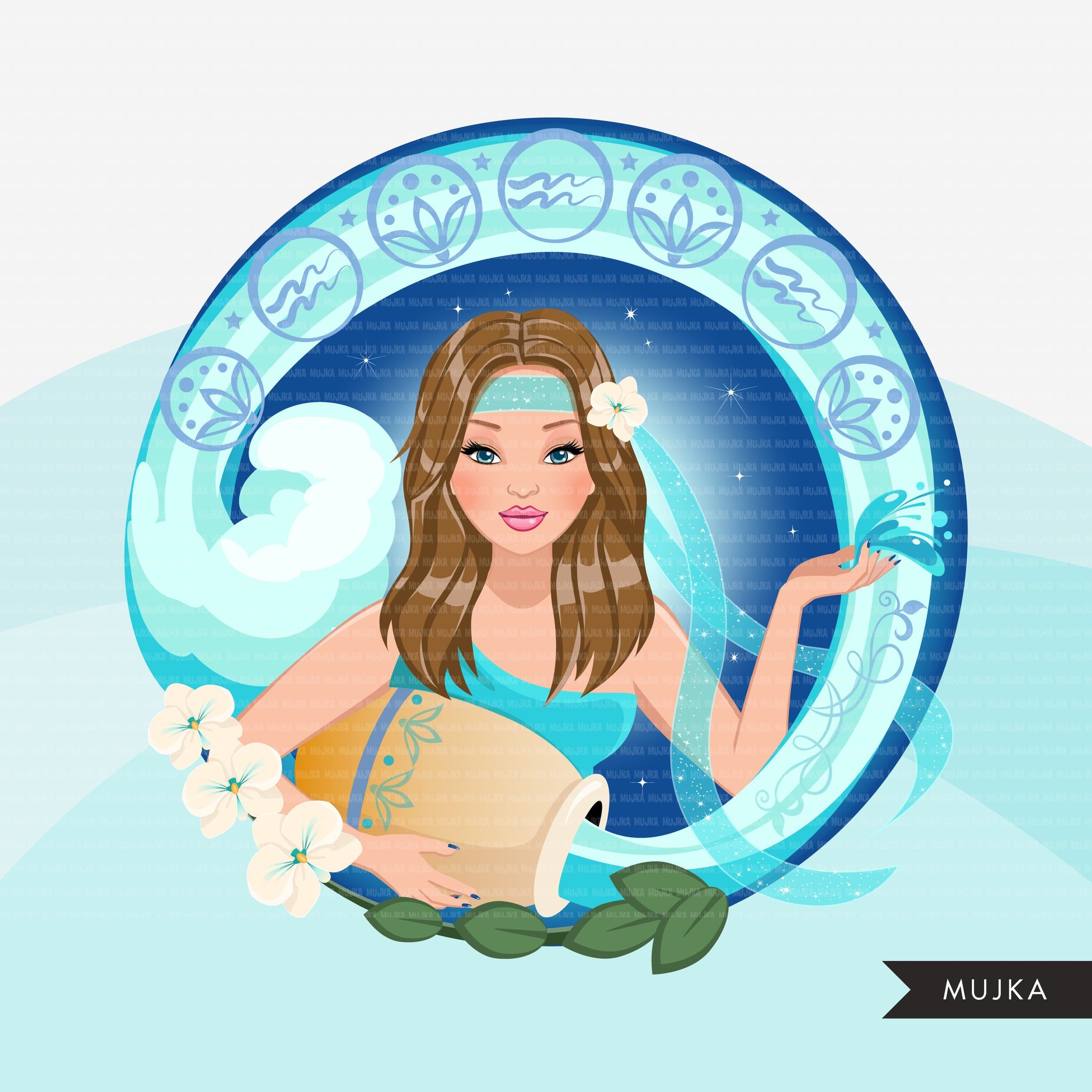 Zodiac Aquarius Clipart, Png digital download, Sublimation Graphics for Cricut & Cameo, Caucasian Short Hair Woman Horoscope sign designs