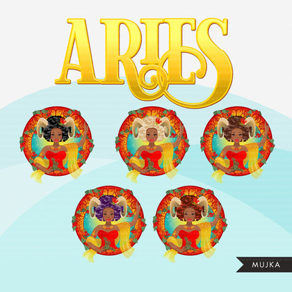 Zodiac Aries Clipart, Png digital download, Sublimation Graphics for Cricut & Cameo, Black Afro Woman Horoscope sign designs