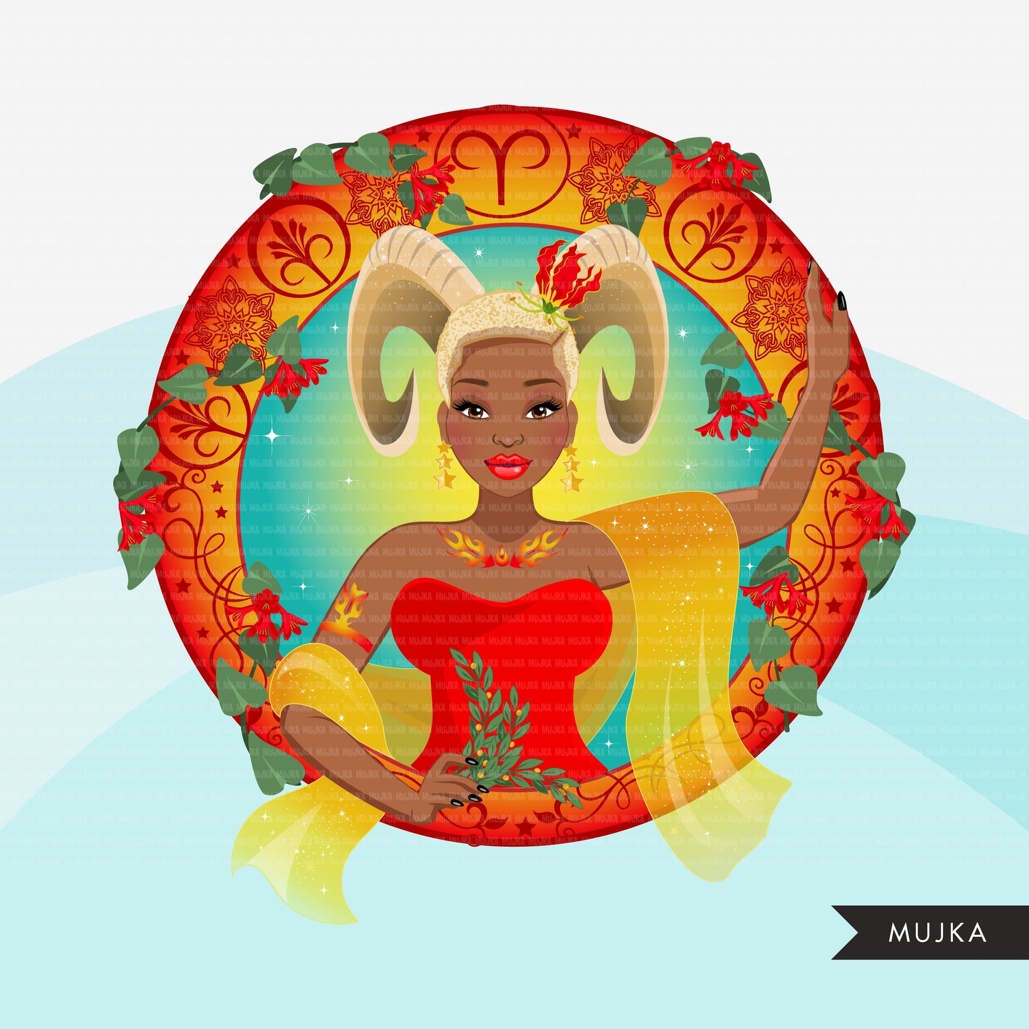 Zodiac Aries Clipart, Png digital download, Sublimation Graphics for Cricut & Cameo, Black Woman Horoscope sign designs