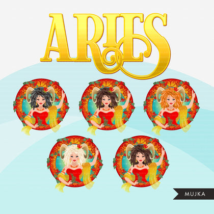 Zodiac Aries Clipart, Png digital download, Sublimation Graphics for Cricut & Cameo, Caucasian curly hair Woman Horoscope sign designs