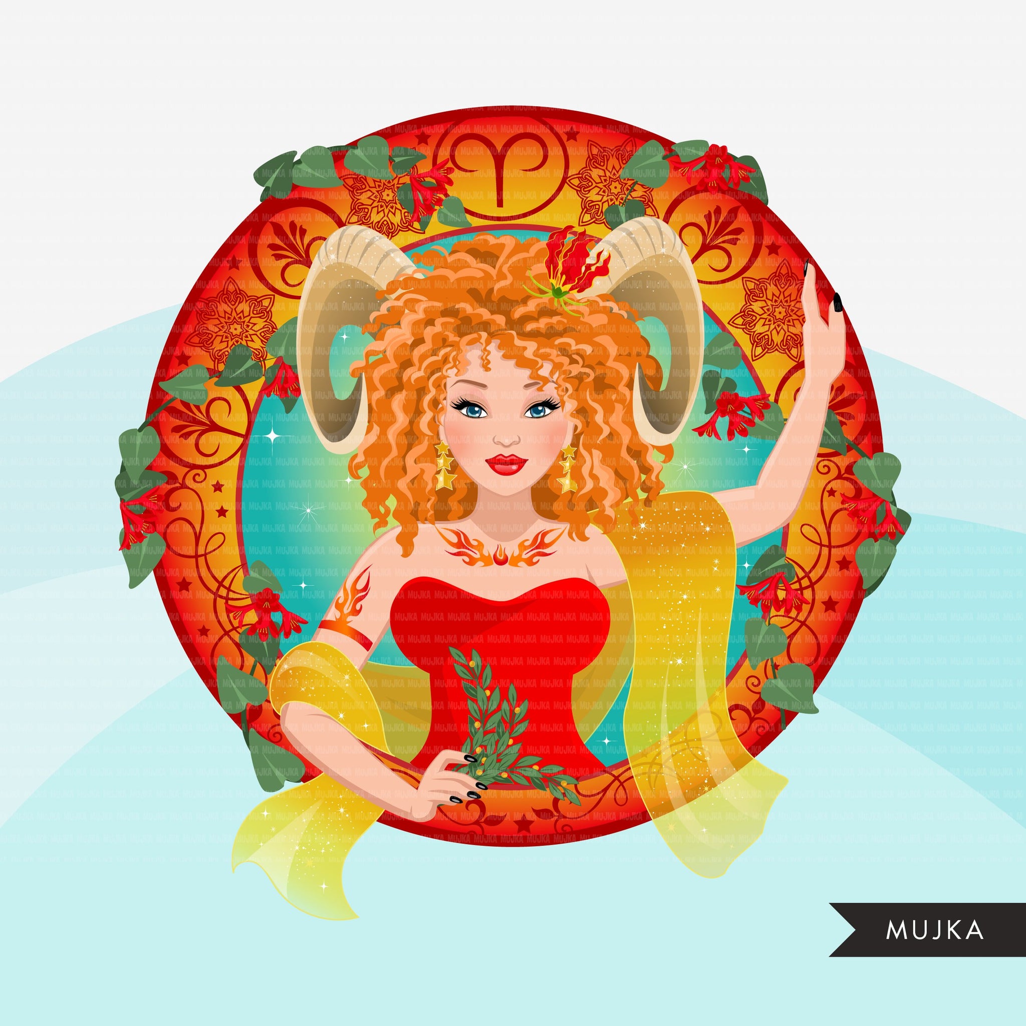 Zodiac Aries Clipart, Png digital download, Sublimation Graphics for Cricut & Cameo, Caucasian curly hair Woman Horoscope sign designs