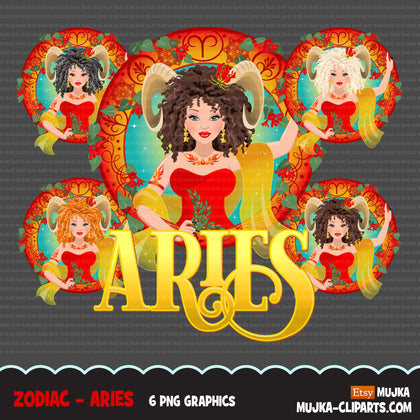 Zodiac Aries Clipart, Png digital download, Sublimation Graphics for Cricut & Cameo, Caucasian curly hair Woman Horoscope sign designs