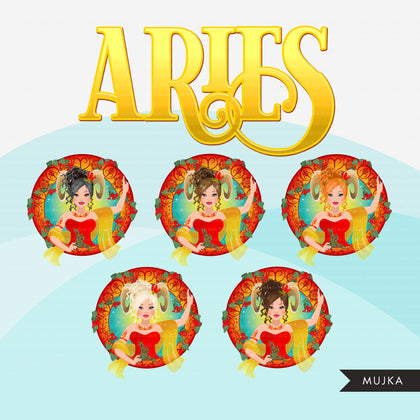 Zodiac Aries Clipart, Png digital download, Sublimation Graphics for Cricut & Cameo, Caucasian messy bun Woman Horoscope sign designs