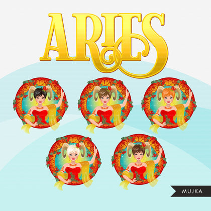 Zodiac Aries Clipart, Png digital download, Sublimation Graphics for Cricut & Cameo, Caucasian pixie hair Woman Horoscope sign designs