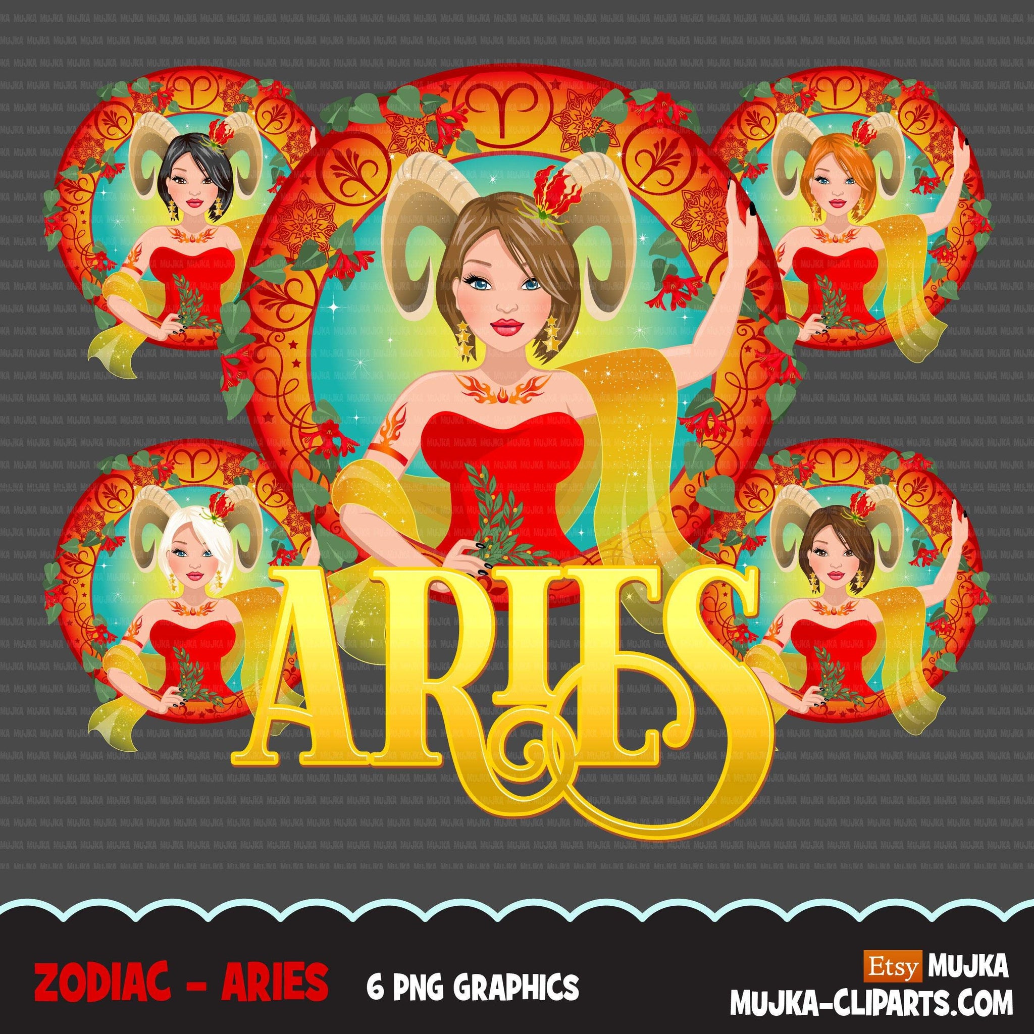 Zodiac Aries Clipart, Descarga digital Png, Gráficos de sublimación para Cricut &amp; Cameo, diseños de signos del horóscopo de mujer de pelo corto caucásico