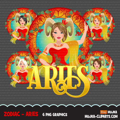 Zodiac Aries Clipart, Png digital download, Sublimation Graphics for Cricut & Cameo, Caucasian short hair Woman Horoscope sign designs