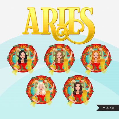 Zodiac Aries Clipart, Png digital download, Sublimation Graphics for Cricut & Cameo, Caucasian long hair Woman Horoscope sign designs