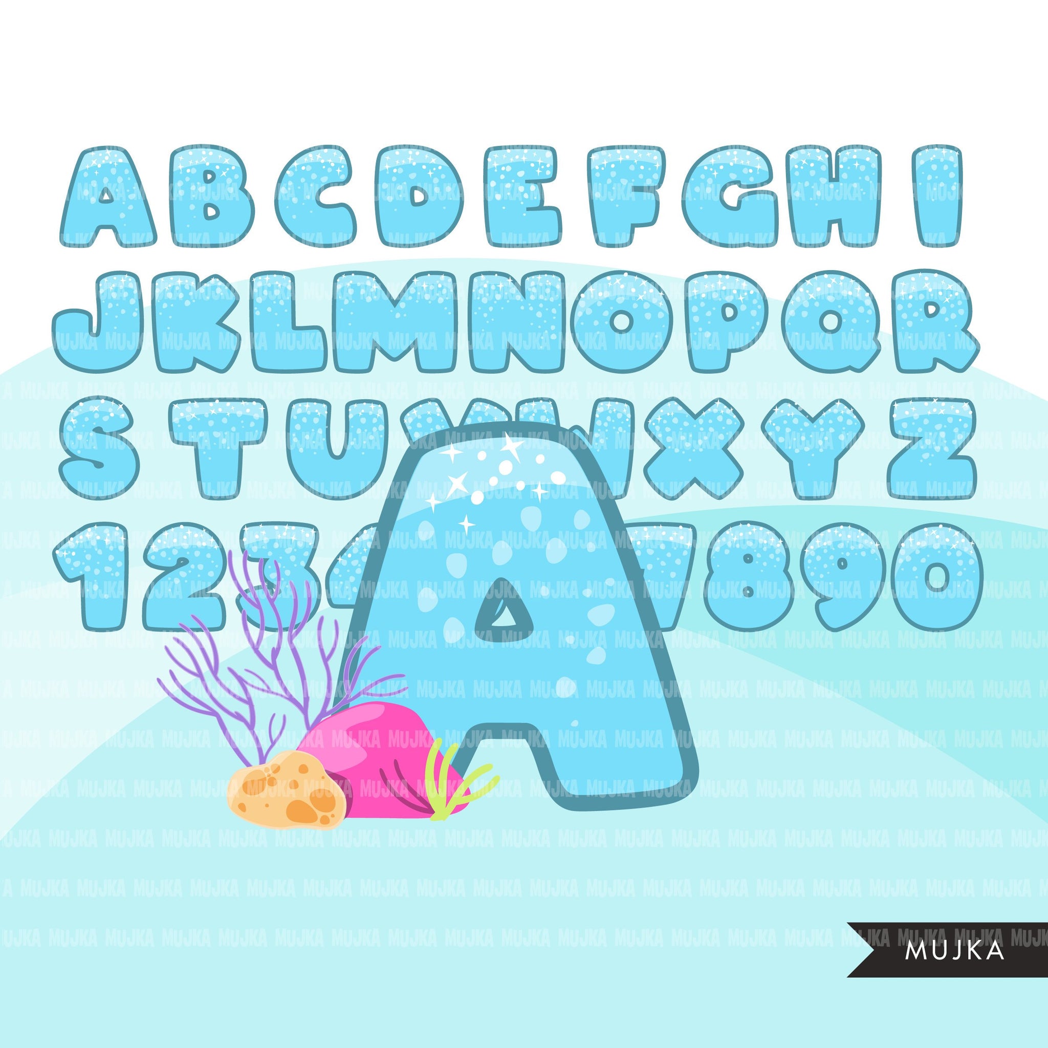 Mermaid Alphabet clipart, rainbow mermaid squad capital letters numbers, colorful sea weed, birthday party, PNG clip art