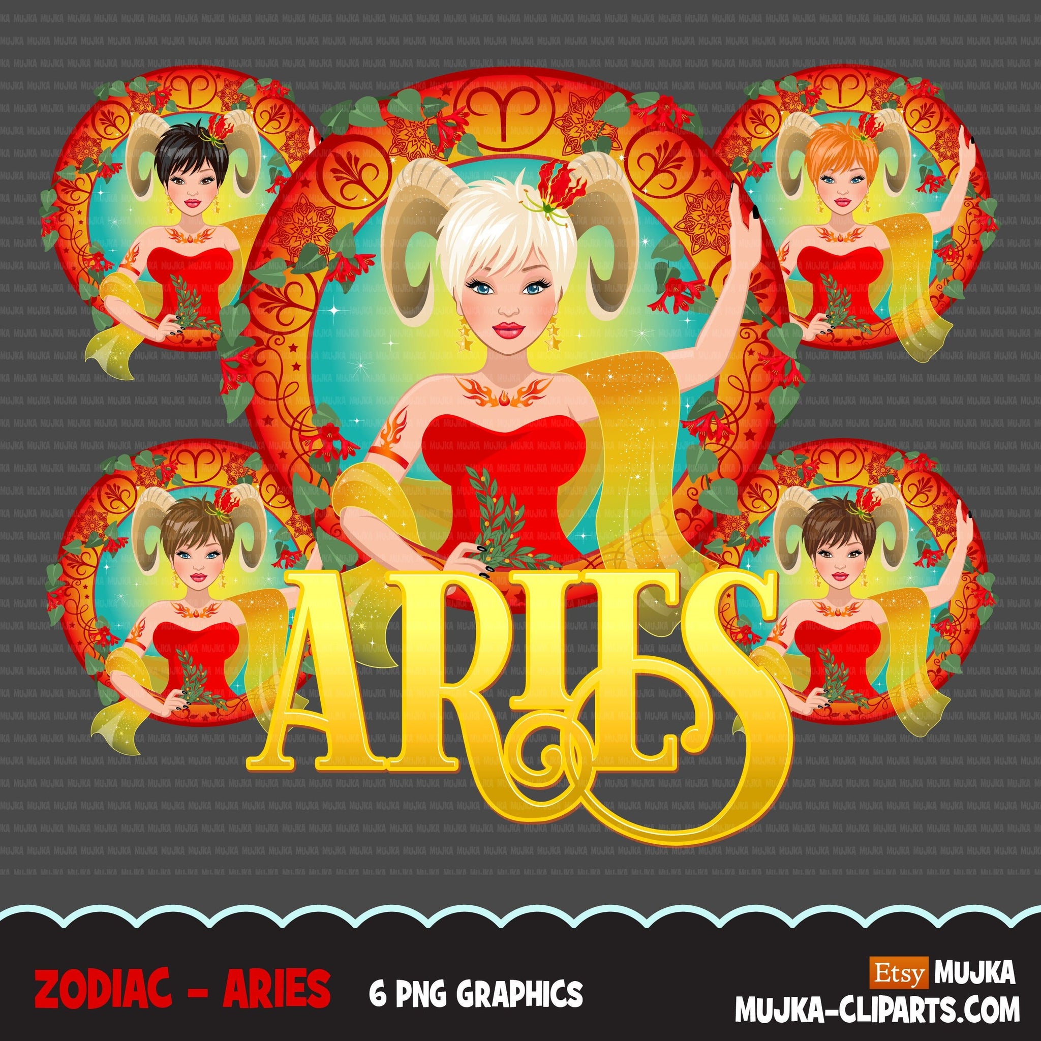 Zodiac Aries Clipart, Png digital download, Sublimation Graphics for Cricut & Cameo, Caucasian pixie hair Woman Horoscope sign designs