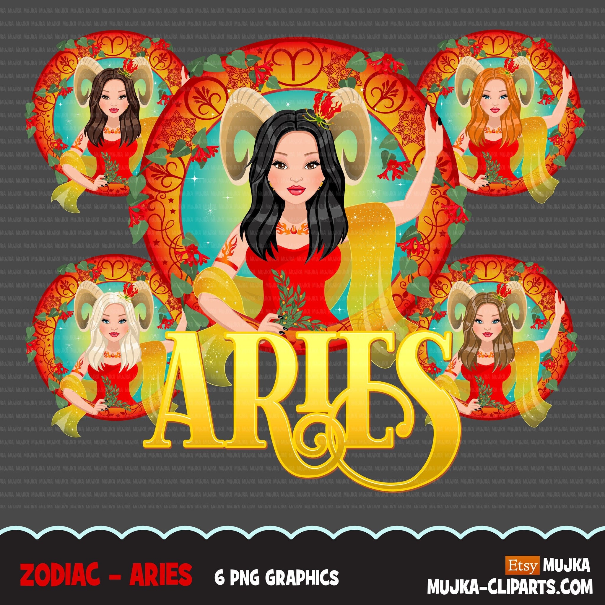 Zodiac Aries Clipart, Png digital download, Sublimation Graphics for Cricut & Cameo, Caucasian long hair Woman Horoscope sign designs