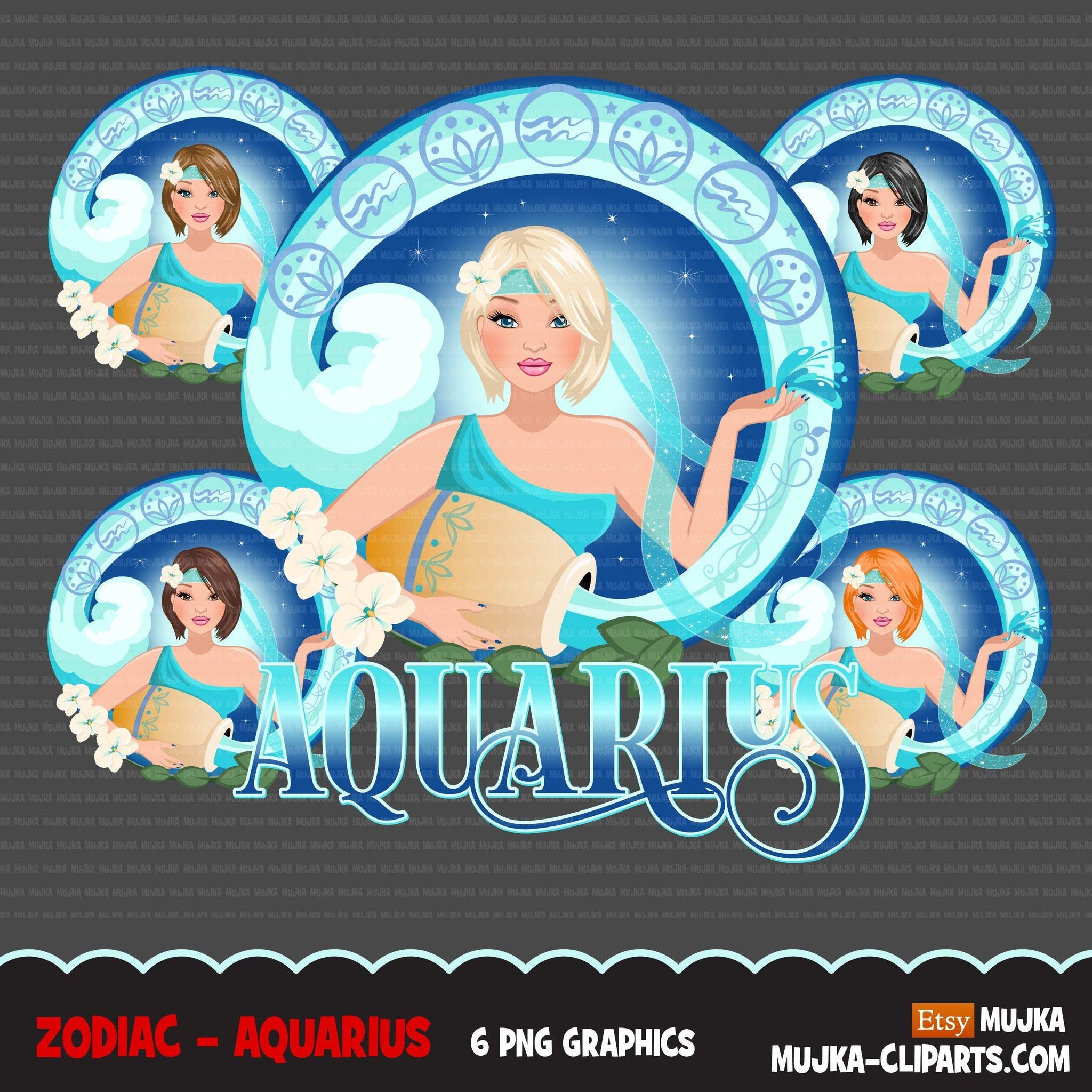 Zodiac Aquarius Clipart, descarga digital Png, gráficos de sublimación para Cricut &amp; Cameo, diseños de signos del horóscopo de mujer de pelo corto caucásico