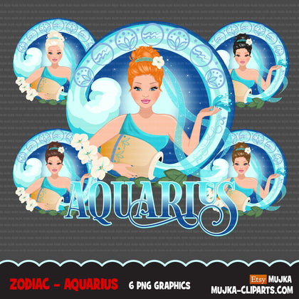 Zodiac Aquarius Clipart, download digital Png, gráficos de sublimação para Cricut e Cameo, designs de signos de horóscopo de mulher com coque caucasiano