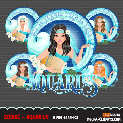 Zodiac Aquarius Clipart, Png digital download, Sublimation Graphics for Cricut & Cameo, Caucasian Short Hair Woman Horoscope sign designs