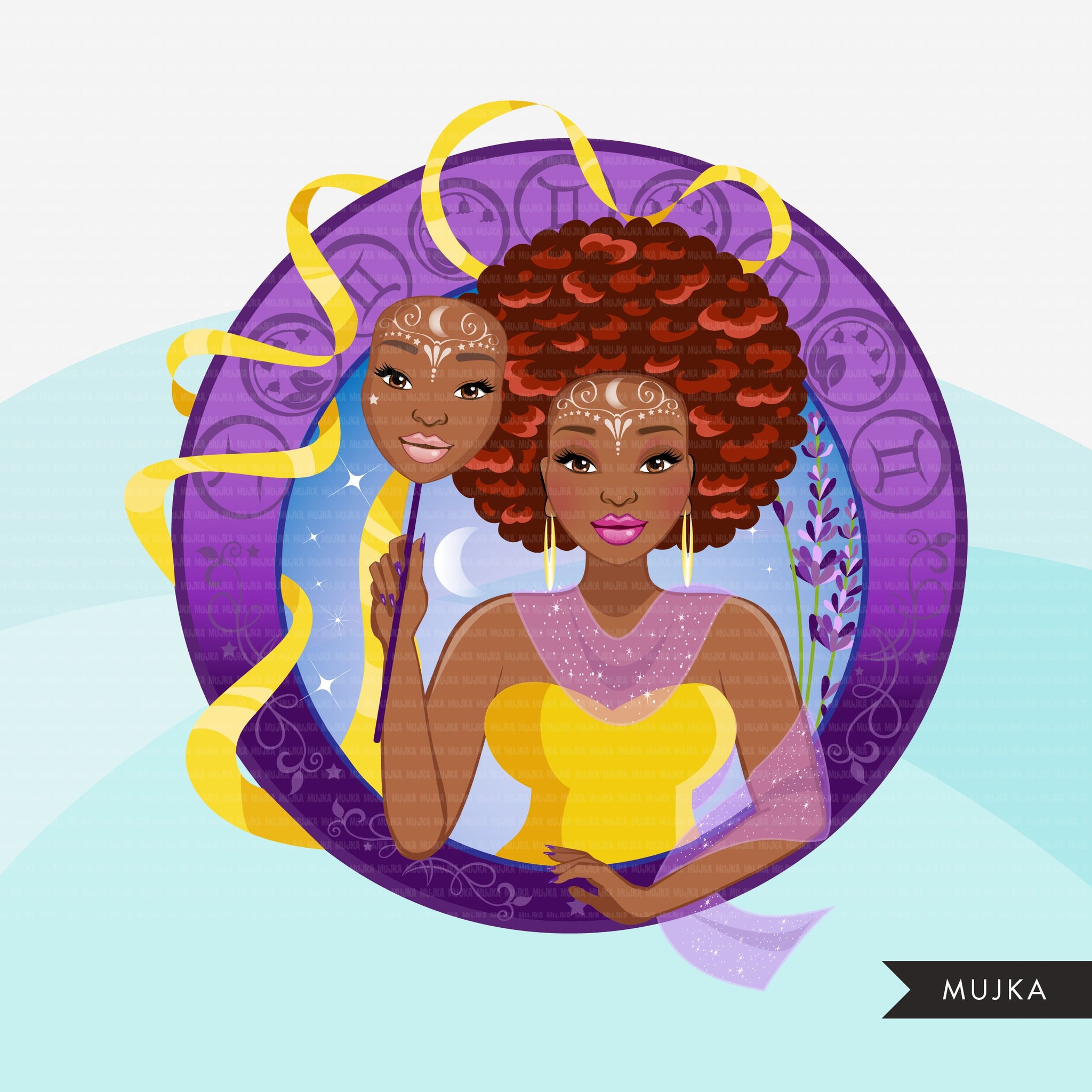 Zodiac Gemini Clipart, Png digital download, Sublimation Graphics for Cricut & Cameo, Black Afro Woman Horoscope sign designs