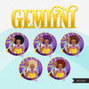 Zodiac Gemini Clipart, Png digital download, Sublimation Graphics for Cricut & Cameo, Black Afro Woman Horoscope sign designs