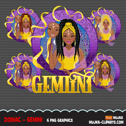 Zodiac Gemini Clipart, Png digital download, Sublimation Graphics for Cricut & Cameo, Black Braided Woman Horoscope sign designs