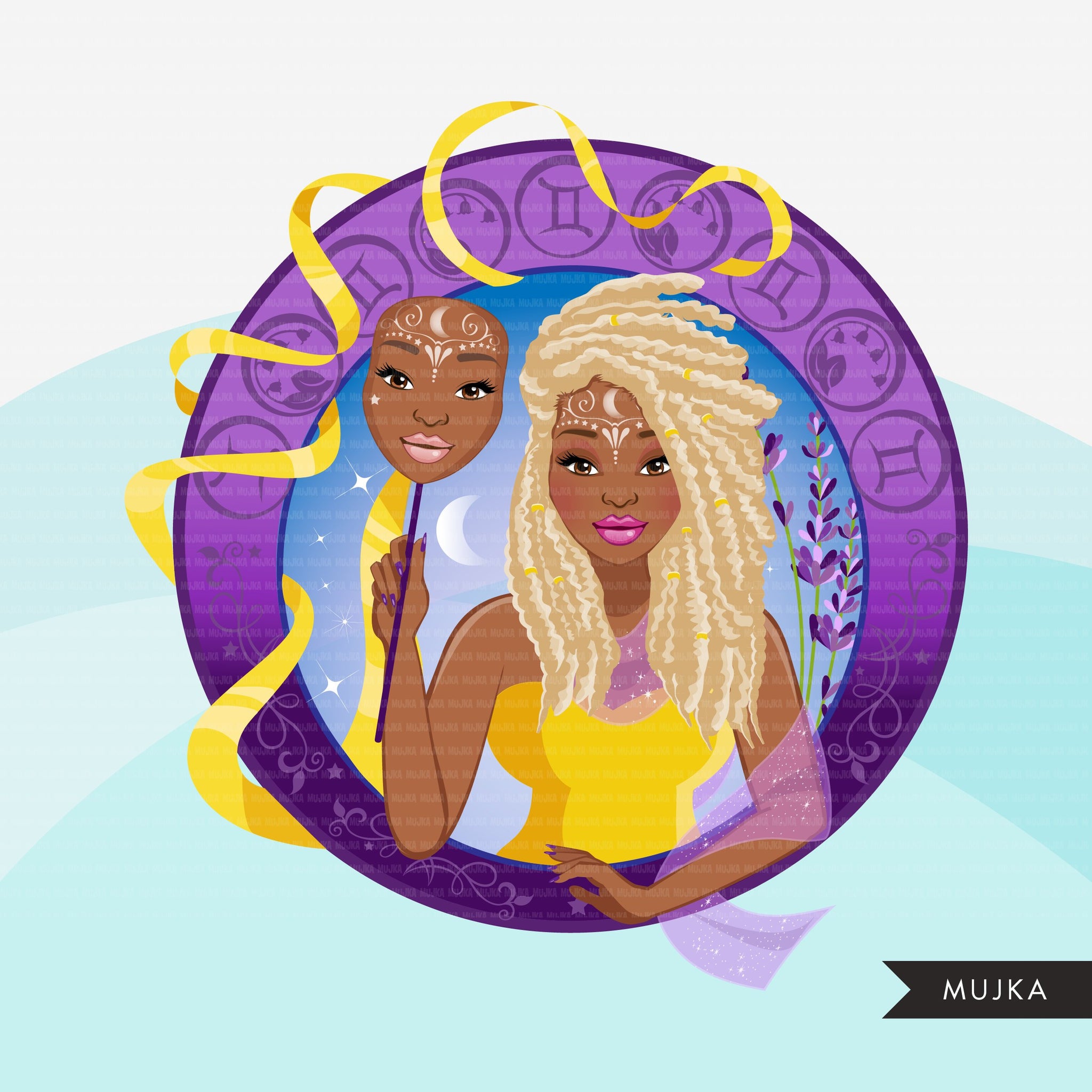 Zodiac Gemini Clipart, Png digital download, Sublimation Graphics for Cricut & Cameo, Black Braided hair Woman Horoscope sign designs