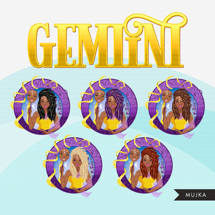 Zodiac Gemini Clipart, download digital Png, gráficos de sublimação para Cricut e Cameo, cabelos trançados pretos designs de signos de horóscopo de mulher