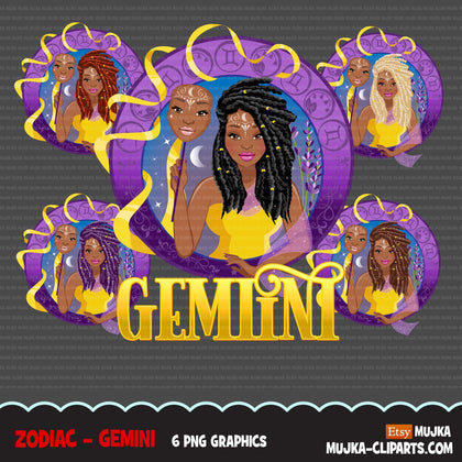 Zodiac Gemini Clipart, download digital Png, gráficos de sublimação para Cricut e Cameo, cabelos trançados pretos designs de signos de horóscopo de mulher