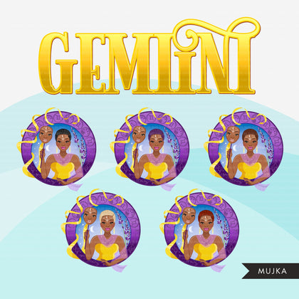 Zodiac Gemini Clipart, Png digital download, Sublimation Graphics for Cricut & Cameo, Black Woman Horoscope sign designs