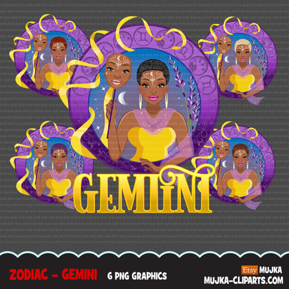 Zodiac Gemini Clipart, Png digital download, Sublimation Graphics for Cricut & Cameo, Black Woman Horoscope sign designs