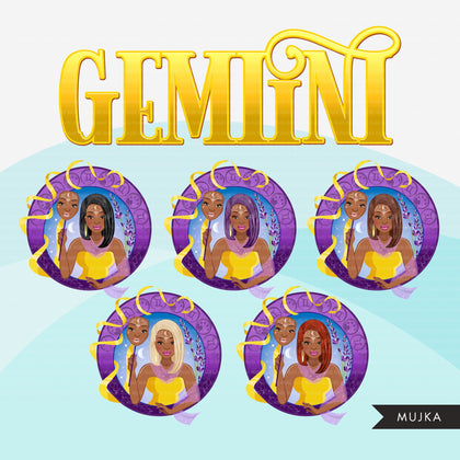 Zodiac Gemini Clipart, Png digital download, Sublimation Graphics for Cricut & Cameo, Black straight hair Woman Horoscope sign designs