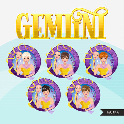 Zodiac Gemini Clipart, Png digital download, Sublimation Graphics for Cricut & Cameo, Caucasian pixie hair Woman Horoscope sign designs