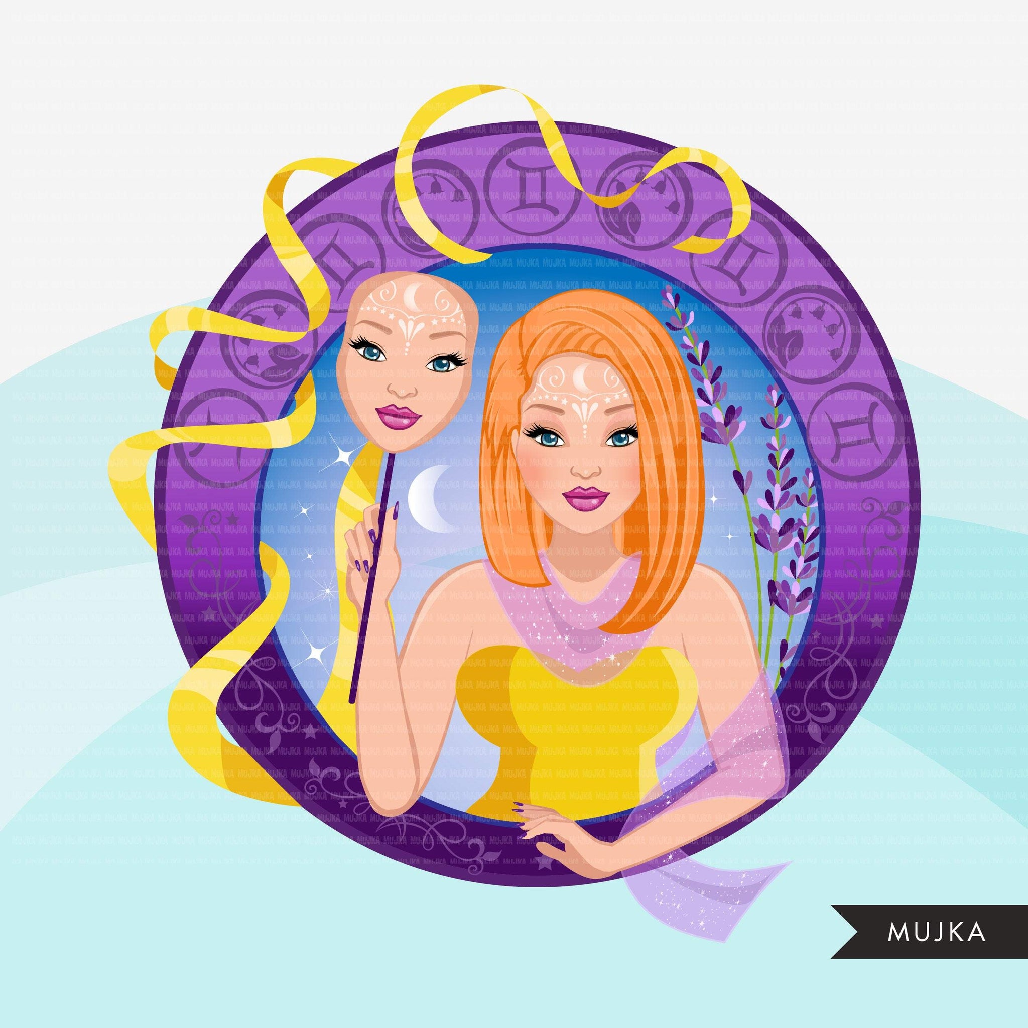 Zodiac Gemini Clipart, Png digital download, Sublimation Graphics for Cricut & Cameo, Caucasian straight hair Woman Horoscope sign designs