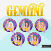 Zodiac Gemini Clipart, Png digital download, Sublimation Graphics for Cricut & Cameo, Caucasian straight hair Woman Horoscope sign designs