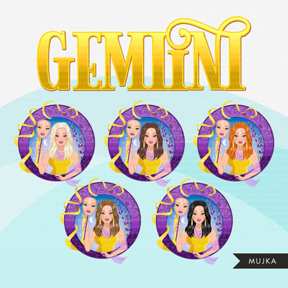 Zodiac Gemini Clipart, Png digital download, Sublimation Graphics for Cricut & Cameo, Caucasian long hair Woman Horoscope sign designs