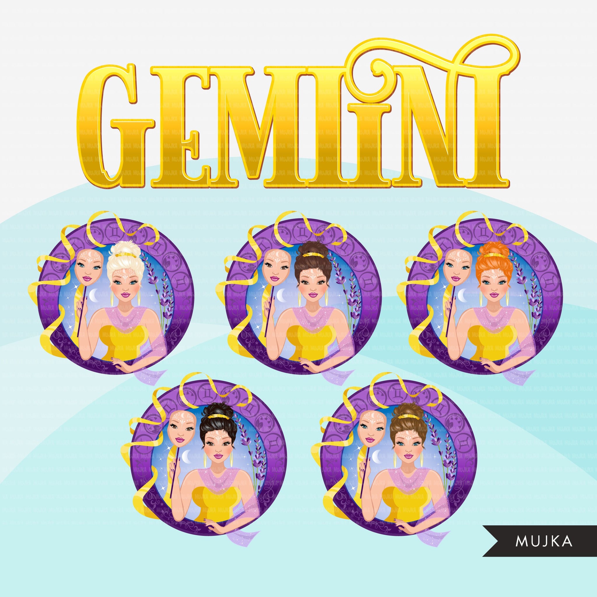 Zodiac Gemini Clipart, Descarga digital Png, Gráficos de sublimación para Cricut &amp; Cameo, diseños de signos del horóscopo de mujer con cabello recogido caucásico