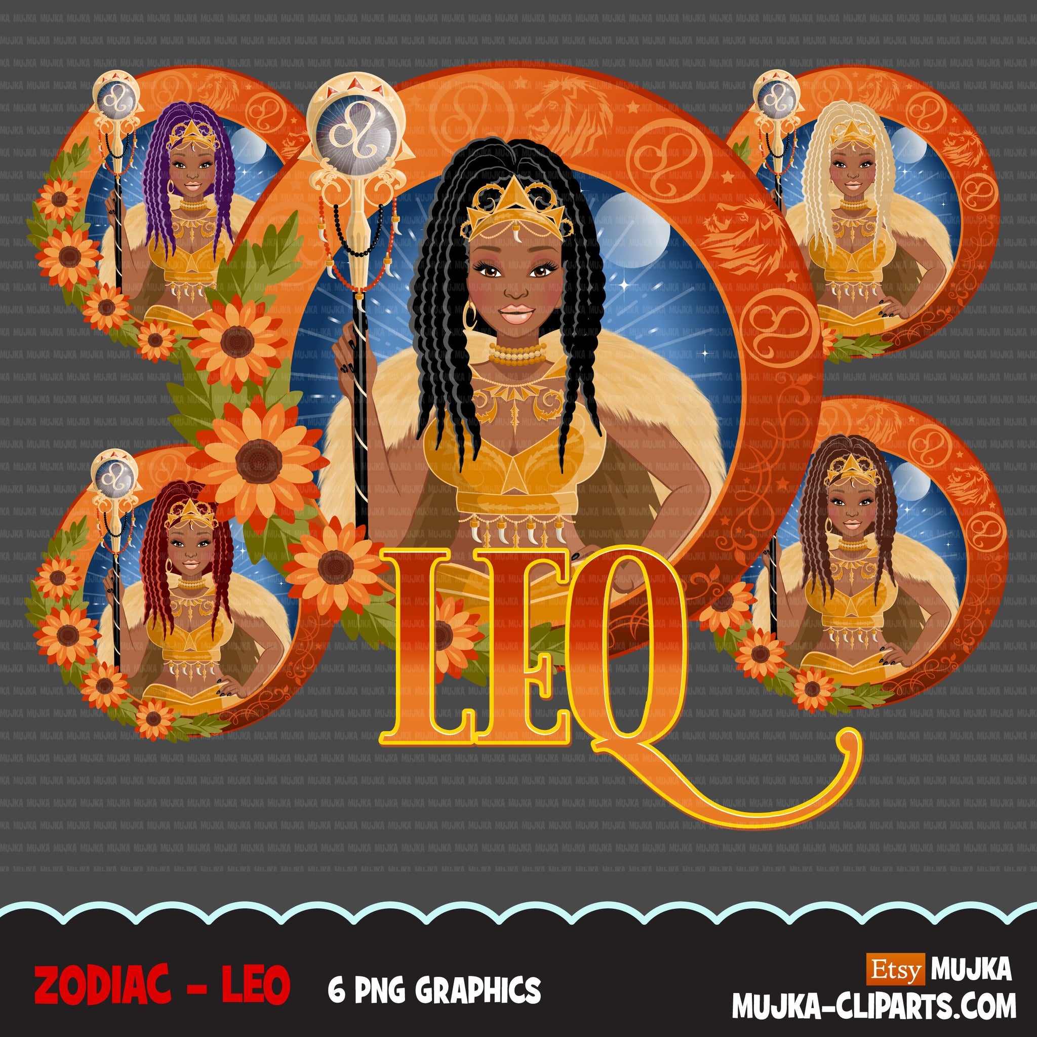 Zodiac Leo Clipart, download digital Png, gráficos de sublimação para Cricut e Cameo, designs de signos de horóscopo de mulheres com tranças pretas
